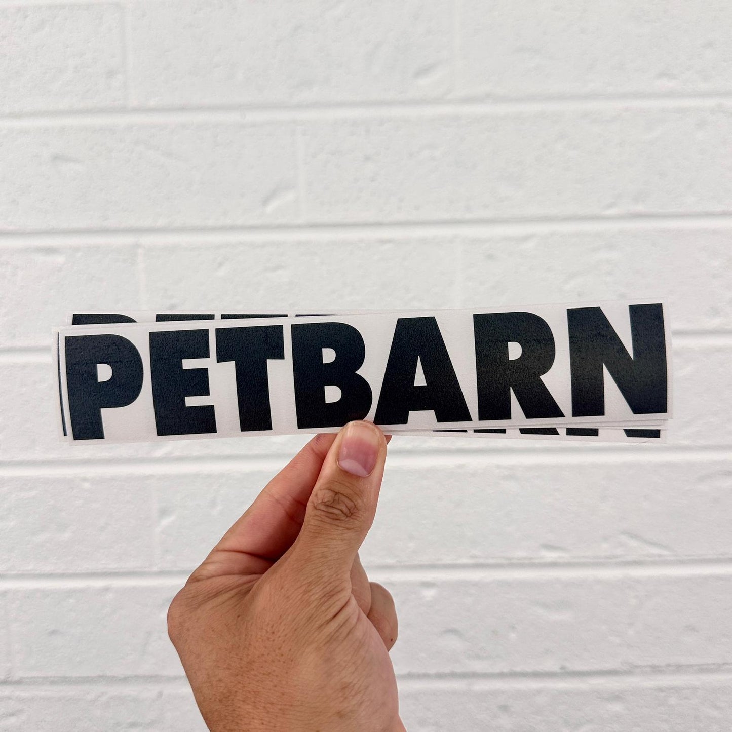 Hand holding a black 'PETBARN' vinyl sticker against a white textured wall