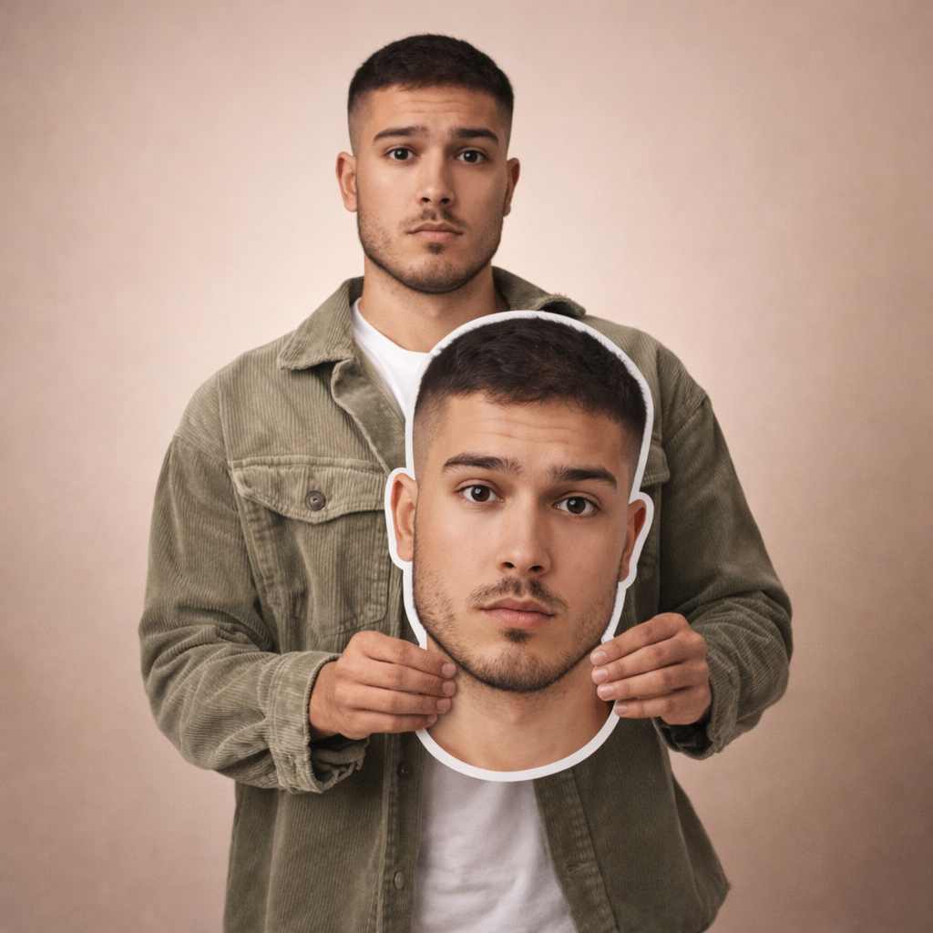 Man holding a cutout of his own face against a beige background