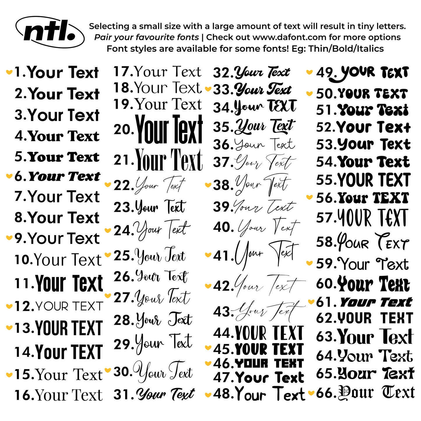A font selection featuring various fonts. Each example contains "Your Text".  With options for font pairs and customers favourite fonts.