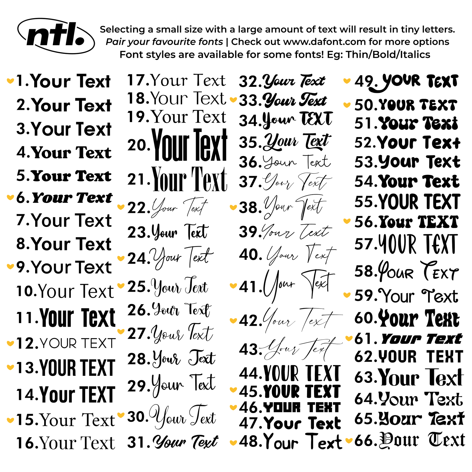 A font selection featuring various fonts. Each example contains "Your Text".  With options for font pairs and customers favourite fonts.
