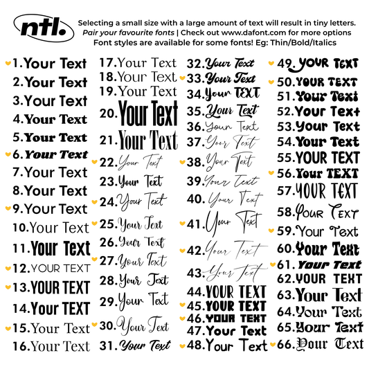 A font selection featuring various fonts. Each example contains "Your Text". With options for font pairs and customers favourite fonts.