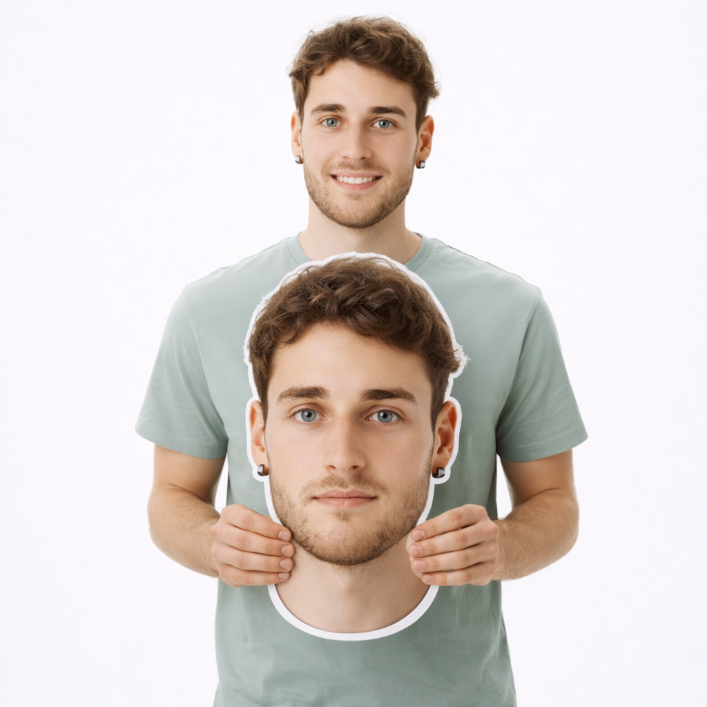 Man holding a cutout of his own face against a beige background | ntlprint
