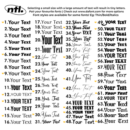 A font selection featuring various fonts. Each example contains "Your Text".  With options for font pairs and customers favourite fonts