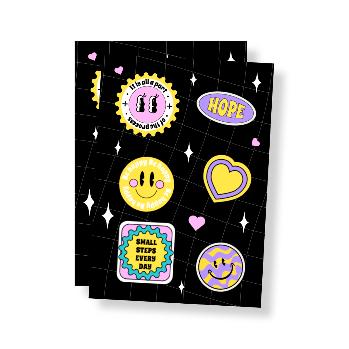 Sticker sheet with various colorful designs including smiley faces, hearts, and motivational phrases like 'Hope' and 'Small Steps Every Day' on a black background.