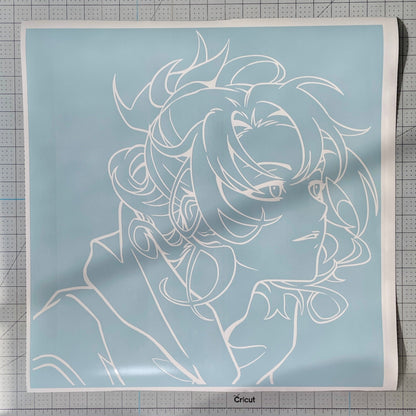 Vinyl decal with an outline of a stylized anime character's face and hair on a blue background.