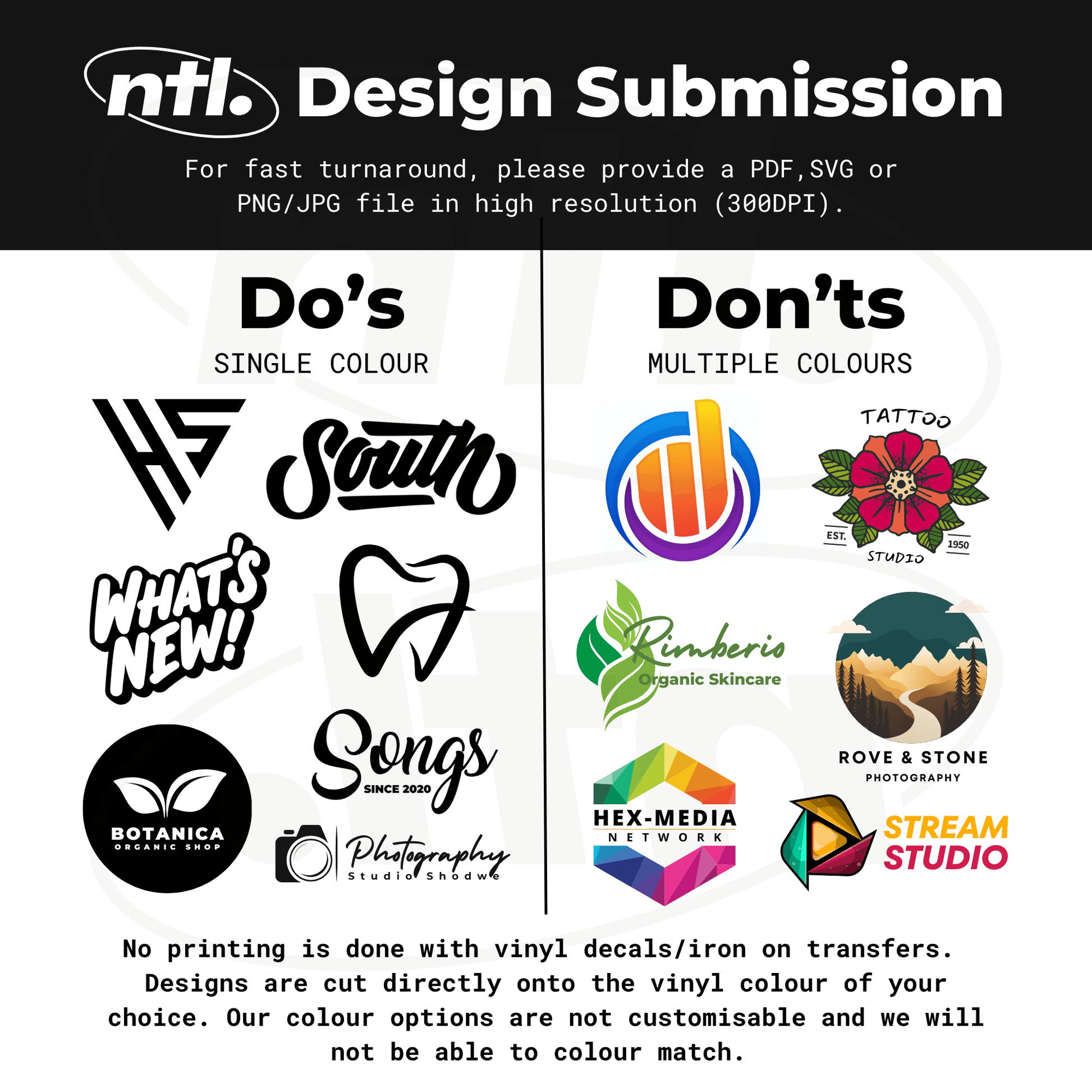 Design submission guidelines for ntlprint, showing acceptable single color designs and unacceptable multiple color designs. The image includes examples of both types, with instructions to provide high resolution PDF, SVG, or PNG/JPG files. Note that designs are cut directly into the vinyl color of choice, with no printing done on vinyl decals or iron-on transfers.